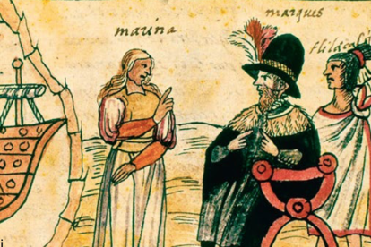 El primer encuentro de Malinalli con Cortés en el Códice Durán (siglo XVI). BNE, Madrid.