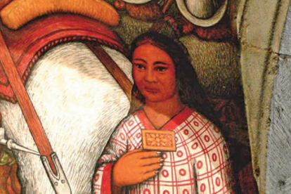 Detalle del mural del Palacio de Gobierno de Tlaxcala en el que Desiderio Hernández Xochitiotzin (1922- 2007) recreó a la Malinche encinta (como símbolo de mestizaje).