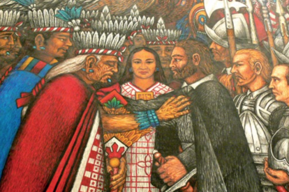 La Malinche haciendo de intérprete entre tlaxcaltecas y españoles en el mural del Palacio de Gobierno de Tlaxcala.