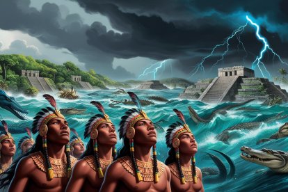 Así interpreta la inteligencia artificial que sería el Diluvio Universal en el mundo prehispánico.