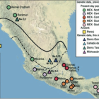 Mapa de México indicando la ubicación de los sitios prehispánicos analizados en el estudio (triángulos y cuadrados) y las zonas aproximadas de las poblaciones indígenas actuales muestreadas en estudios anteriores (círculos).