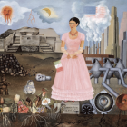 Frida Kahlo, “Autorretrato (en la frontera entre México y Estados Unidos)” (1932). Nótese el cuadro cargado de simbolismos que representa la artista.