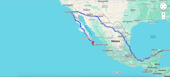 Tardaríamos alrededor de 5 meses en llegar a Cabo San Lucas desde Cancún pasando por Tijuana.