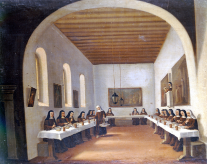 Una escena típica de monjas de claustro compartiendo la comida en el comedor del convento.