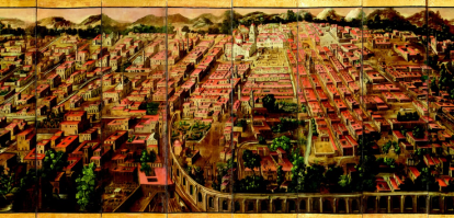 Pintura realizada en biombo de la Ciudad de México en el periodo virreinal.