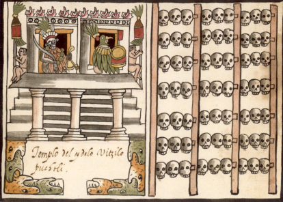 Tzompantli asociado al Templo Mayor, Códice Ramírez (1585).