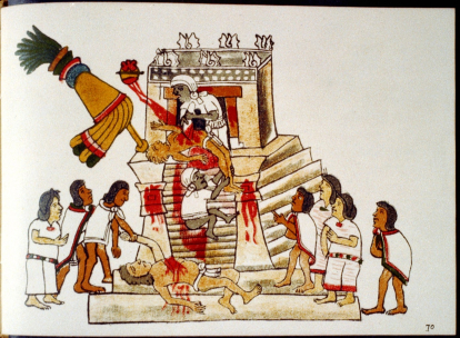 Sacerdote mexica realiza la ofrenda sacrificial del corazón de un ser humano vivo al dios de la guerra Huitzilopochtli.