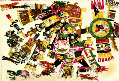 Sobre estas líneas, Tezcatlipoca negro, dios de la oscuridad, descrito y representado en el Codex Borgia con sus tres rayas de color negro en la cara.