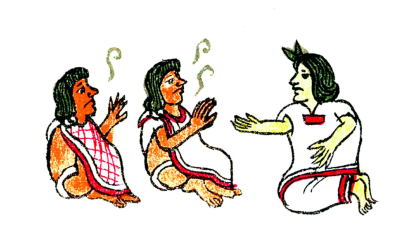 Ilustración del Codex Magliabecchiano (siglo xvi) que muestra a dos pacientes explicando sus problemas al médico, que luego (abajo) trata de descubrir la causa de la enfermedad arrojando granos de maíz sobre un paño.