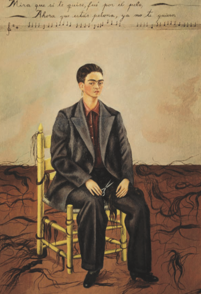 Frida Kahlo, “Self- portrait with Cropped Hair (Cortándome el pelo con unas tijeritas)” (“Autorretrato con el pelo cortado”, 1940).