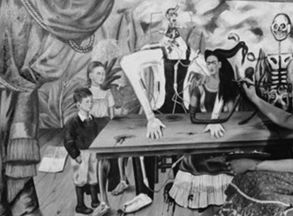 Detalle de La mesa herida (1941). De izquierda a derecha: los sobrinos de Frida Kahlo, una representación del suicidio, según Gaceta UNAM, Frida Kahlo vestida de tehuacana y un Juditas sonriente.