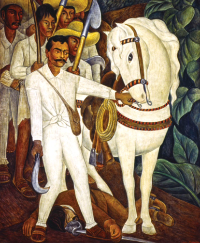 Fresco de Zapata por Diego Rivera. El caudillo encarnó mejor que nadie los ideales de la revolución, su lucha fue explícitamente social, agraria y por crear un gobierno democrático.